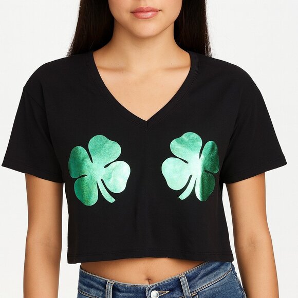 spencers St pats womens black jersery crop top short sleeve size L - Picture 1 of 6